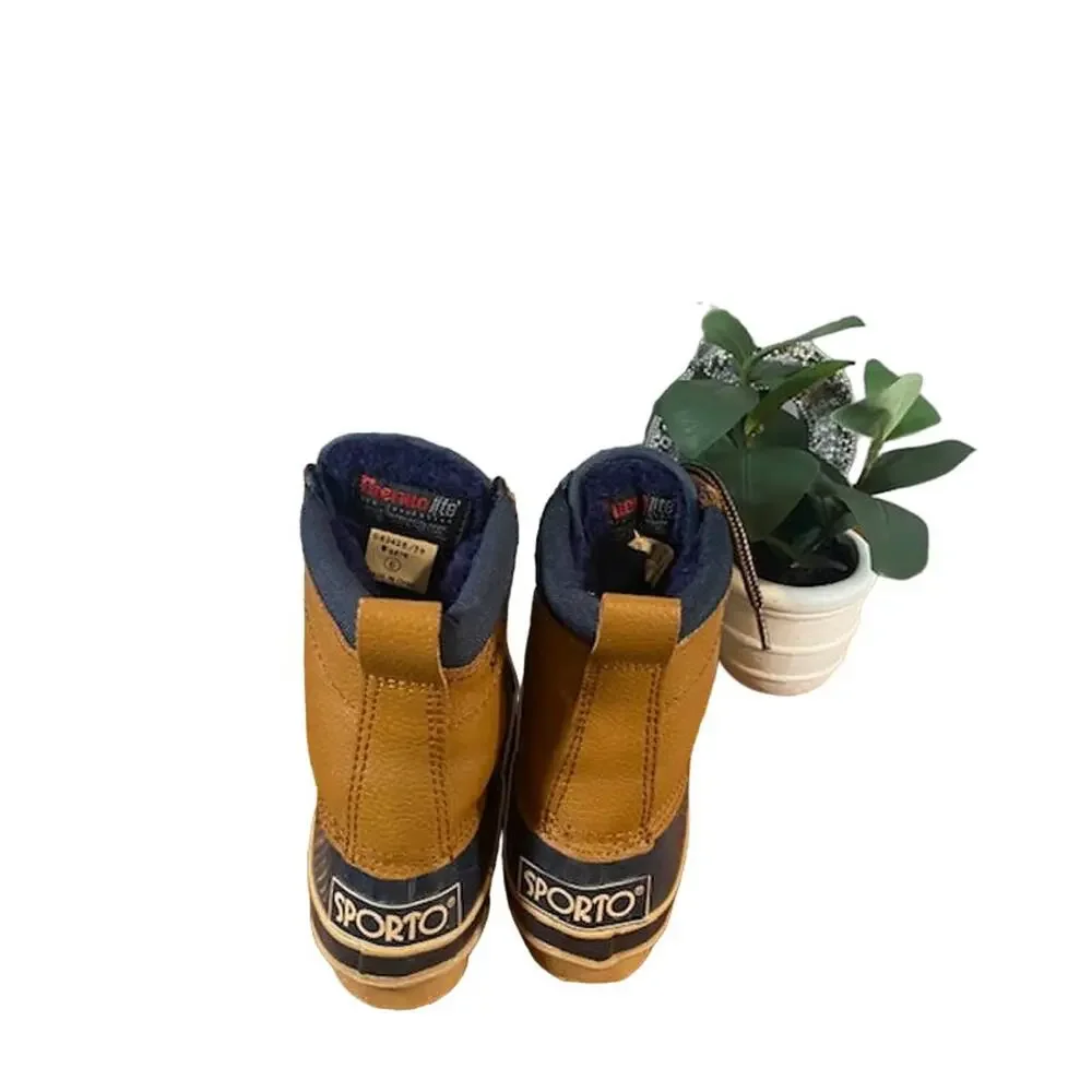 Sporto Women’s Beige Leather Insulated Lace-Up Duck Rain Boots Size 6